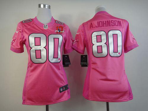  Texans #80 Andre Johnson Pink With 10TH Patch Women's Be Luv'd Stitched NFL Elite Jersey