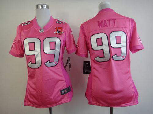  Texans #99 J.J. Watt Pink With 10TH Patch Women's Be Luv'd Stitched NFL Elite Jersey