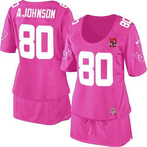  Texans #80 Andre Johnson Pink With 10TH Patch Women's Breast Cancer Awareness Stitched NFL Elite Jersey