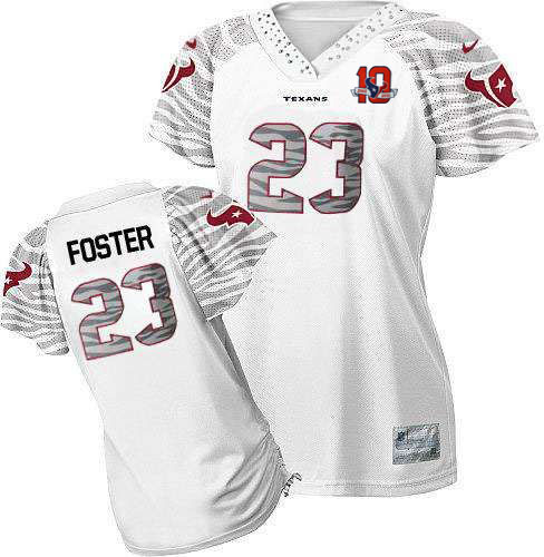  Texans #23 Arian Foster White With 10TH Patch Women's Zebra Field Flirt Stitched NFL Elite Jersey
