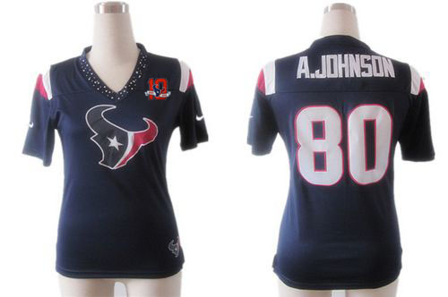  Texans #80 Andre Johnson Navy Blue Team Color With 10TH Patch Women's Team Diamond Stitched NFL Elite Jersey