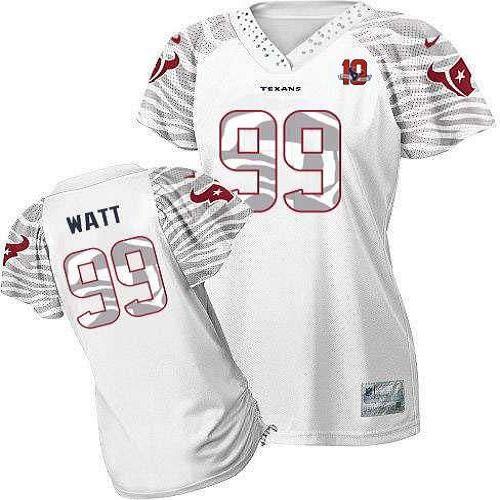  Texans #99 J.J. Watt White With 10TH Patch Women's Zebra Field Flirt Stitched NFL Elite Jersey