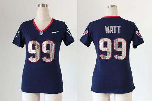  Texans #99 J.J. Watt Navy Blue Team Color Handwork Sequin Lettering Women's Stitched NFL Elite Jersey