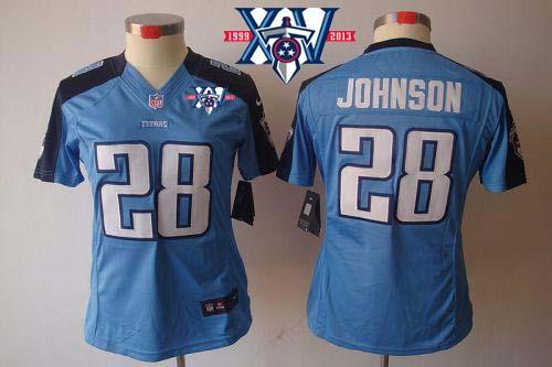  Titans #28 Chris Johnson Light Blue Team Color With 15th Season Patch Women's Stitched NFL Limited Jersey