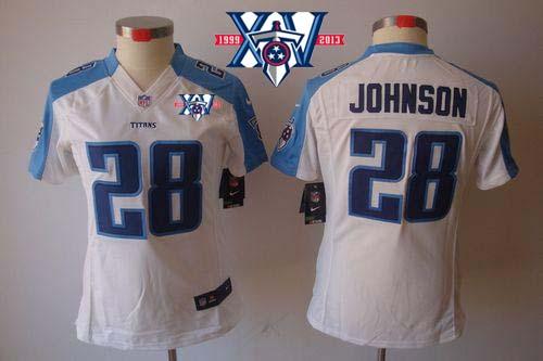  Titans #28 Chris Johnson White With 15th Season Patch Women's Stitched NFL Limited Jersey