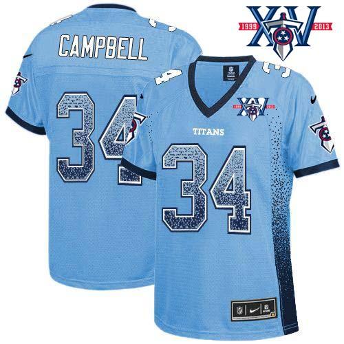  Titans #34 Earl Campbell Light Blue Team Color With 15th Season Patch Women's Stitched NFL Elite Drift Fashion Jersey
