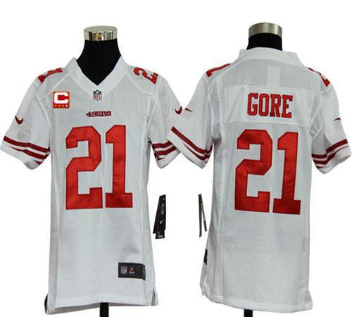  49ers #21 Frank Gore White With C Patch Youth Stitched NFL Elite Jersey