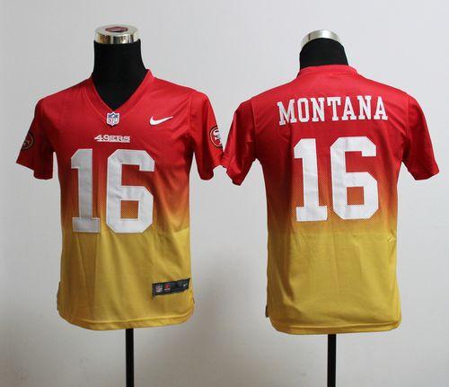  49ers #16 Joe Montana Red/Gold Youth Stitched NFL Elite Fadeaway Fashion Jersey
