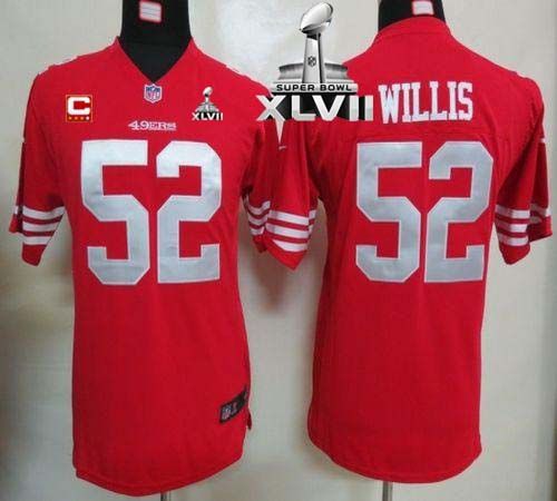  49ers #52 Patrick Willis Red Team Color With C Patch Super Bowl XLVII Youth Stitched NFL Elite Jersey