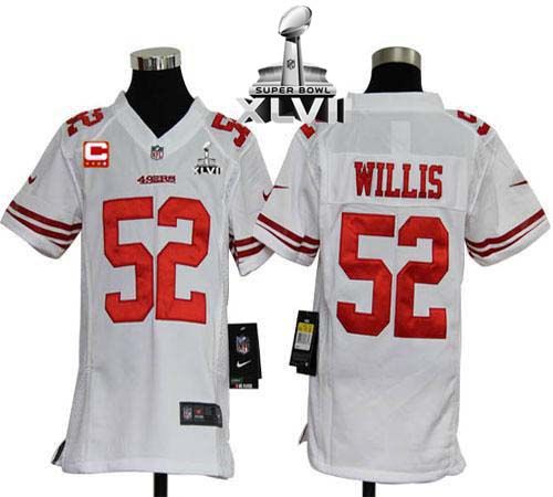  49ers #52 Patrick Willis White With C Patch Super Bowl XLVII Youth Stitched NFL Elite Jersey