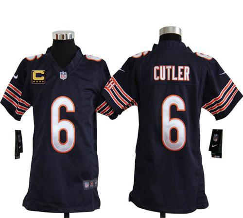  Bears #6 Jay Cutler Navy Blue Team Color With C Patch Youth Stitched NFL Elite Jersey