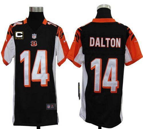  Bengals #14 Andy Dalton Black Team Color With C Patch Youth Stitched NFL Elite Jersey