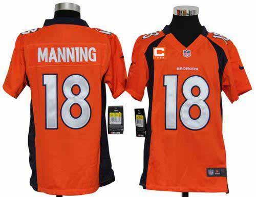  Broncos #18 Peyton Manning Orange Team Color With C Patch Youth Stitched NFL Elite Jersey