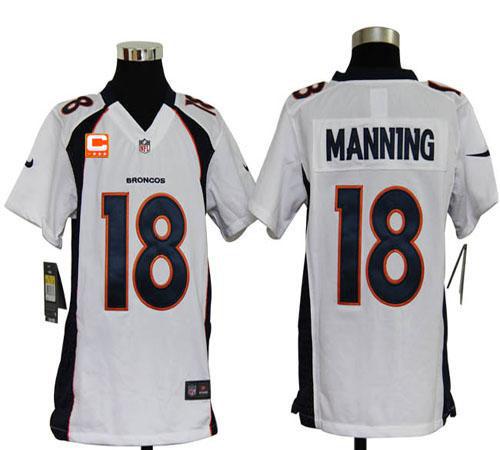  Broncos #18 Peyton Manning White With C Patch Youth Stitched NFL Elite Jersey