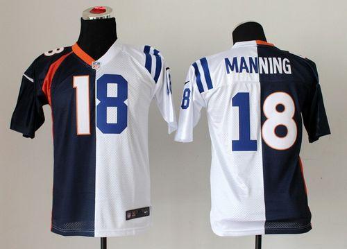  Broncos #18 Peyton Manning Blue/White Youth Stitched NFL Elite Split Colts Jersey