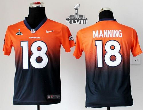  Broncos #18 Peyton Manning Orange/Blue Super Bowl XLVIII Youth Stitched NFL Elite Fadeaway Fashion Jersey