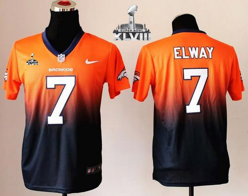  Broncos #7 John Elway Orange/Blue Super Bowl XLVIII Youth Stitched NFL Elite Fadeaway Fashion Jersey