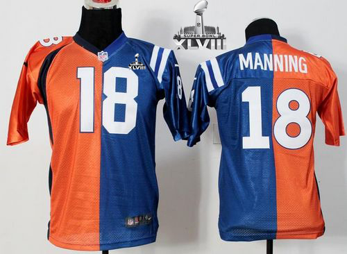  Broncos #18 Peyton Manning Orange/Blue Super Bowl XLVIII Youth Stitched NFL Elite Split Colts Jersey
