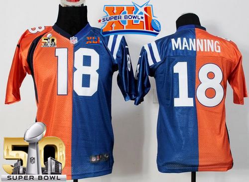 Broncos #18 Peyton Manning Orange/Blue Super Bowl XLI & Super Bowl 50 Youth Stitched NFL Elite Split Colts Jersey