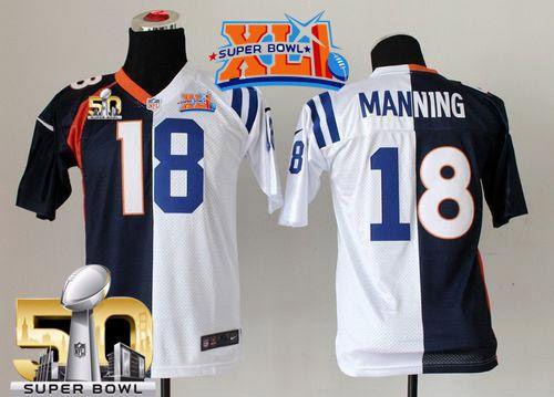  Colts #18 Peyton Manning Blue/White Super Bowl XLI & Super Bowl 50 Youth Stitched NFL Elite Split Broncos Jersey