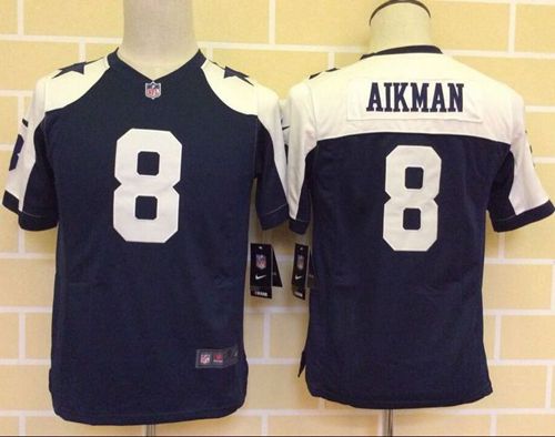  Cowboys #8 Troy Aikman Navy Blue Thanksgiving Youth Throwback Stitched NFL Elite Jersey