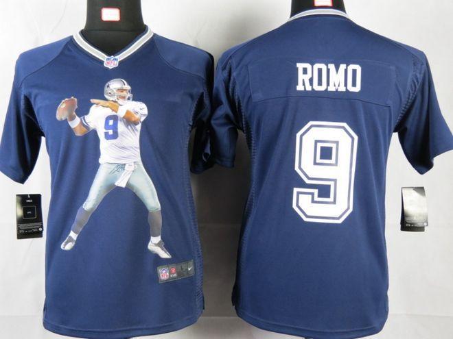  Cowboys #9 Tony Romo Navy Blue Team Color Youth Portrait Fashion NFL Game Jersey