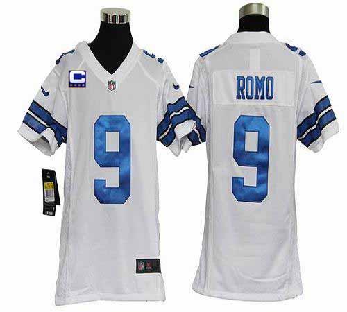  Cowboys #9 Tony Romo White With C Patch Youth Stitched NFL Elite Jersey