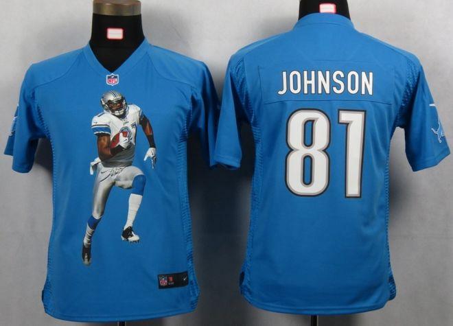  Lions #81 Calvin Johnson Light Blue Team Color Youth Portrait Fashion NFL Game Jersey