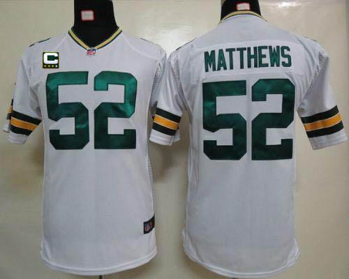  Packers #52 Clay Matthews White With C Patch Youth Stitched NFL Elite Jersey