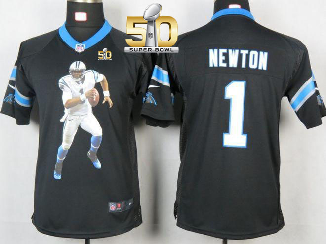  Panthers #1 Cam Newton Black Team Color Super Bowl 50 Youth Portrait Fashion NFL Game Jersey