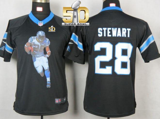  Panthers #28 Jonathan Stewart Black Team Color Super Bowl 50 Youth Portrait Fashion NFL Game Jersey