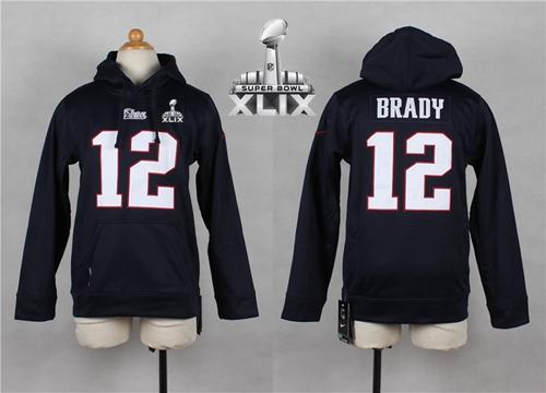  Patriots #12 Tom Brady Navy Blue Super Bowl XLIX Youth Player NFL Hoodie