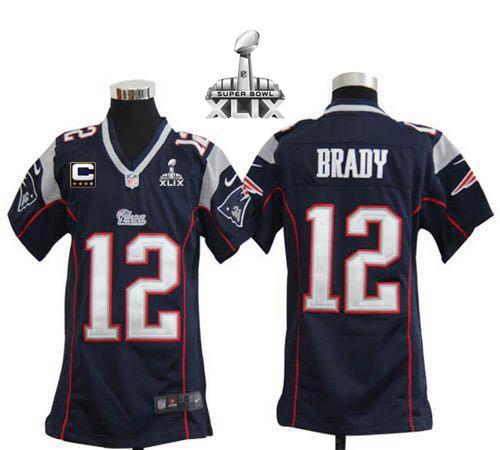  Patriots #12 Tom Brady Navy Blue Team Color With C Patch Super Bowl XLIX Youth Stitched NFL Elite Jersey