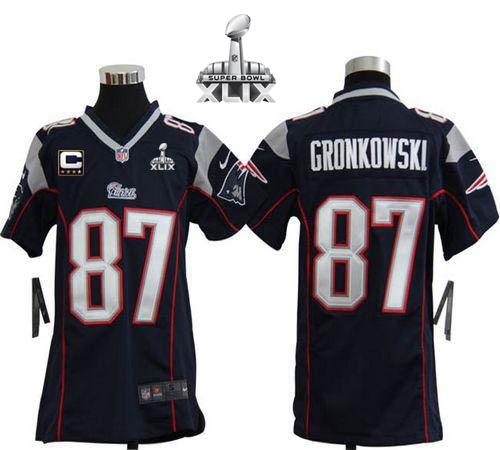  Patriots #87 Rob Gronkowski Navy Blue Team Color With C Patch Super Bowl XLIX Youth Stitched NFL Elite Jersey