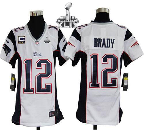  Patriots #12 Tom Brady White With C Patch Super Bowl XLIX Youth Stitched NFL Elite Jersey
