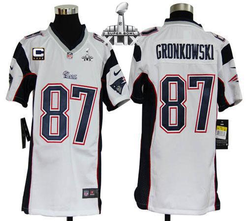  Patriots #87 Rob Gronkowski White With C Patch Super Bowl XLIX Youth Stitched NFL Elite Jersey