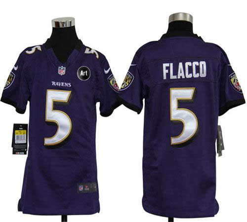 Ravens #5 Joe Flacco Purple Team Color With Art Patch Youth Stitched NFL Elite Jersey