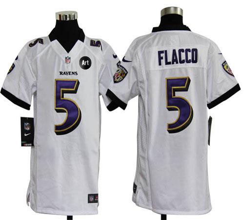  Ravens #5 Joe Flacco White With Art Patch Youth Stitched NFL Elite Jersey