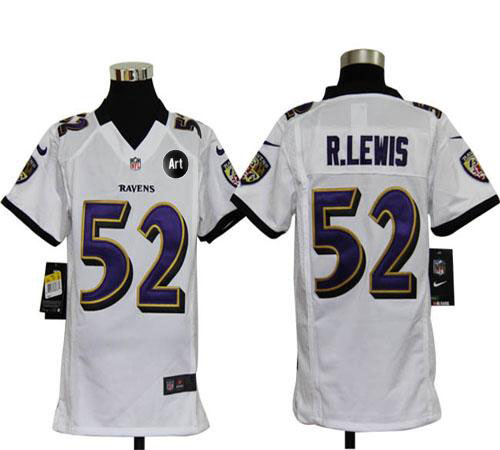  Ravens #52 Ray Lewis White With Art Patch Youth Stitched NFL Elite Jersey