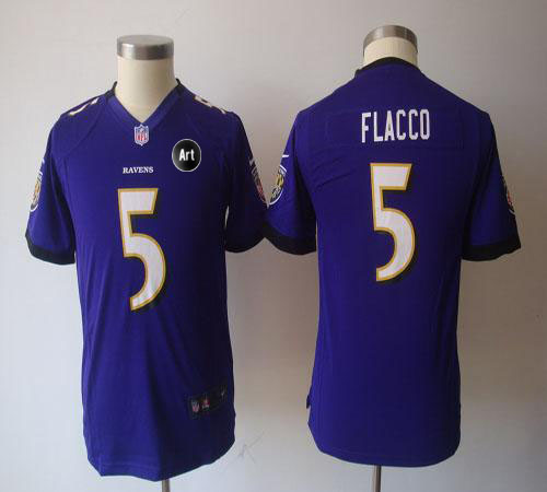  Ravens #5 Joe Flacco Purple Team Color With Art Patch Youth NFL Game Jersey