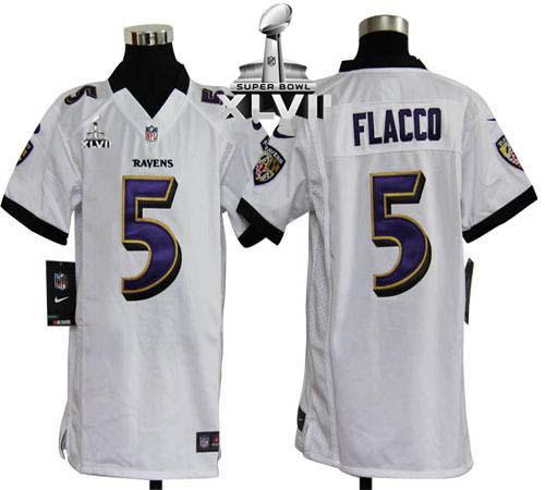  Ravens #5 Joe Flacco White Super Bowl XLVII Youth Stitched NFL Elite Jersey
