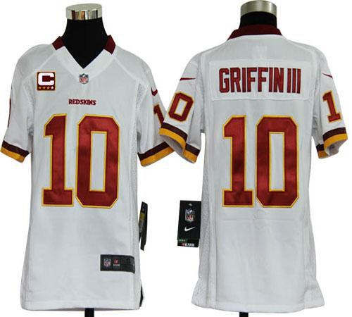  Redskins #10 Robert Griffin III White With C Patch Youth Stitched NFL Elite Jersey