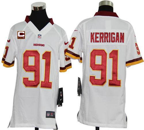  Redskins #91 Ryan Kerrigan White With C Patch Youth Stitched NFL Elite Jersey