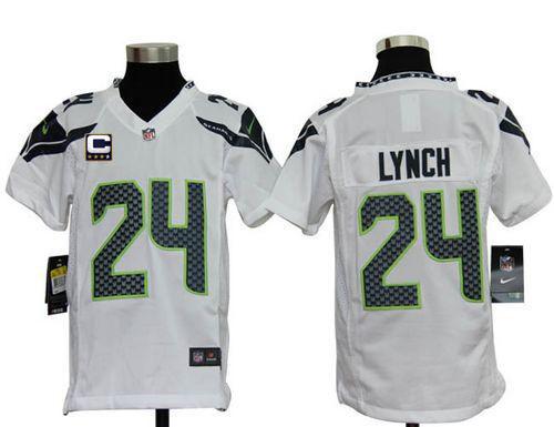  Seahawks #24 Marshawn Lynch White With C Patch Youth Stitched NFL Elite Jersey