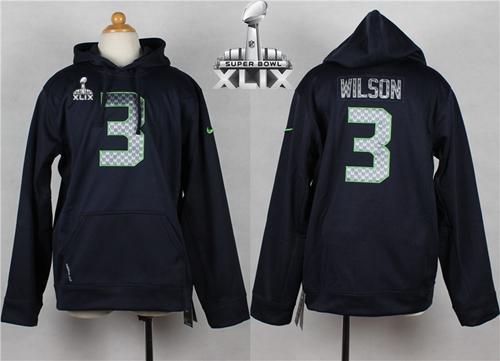  Seahawks #3 Russell Wilson Steel Blue Super Bowl XLIX Youth Player NFL Hoodie