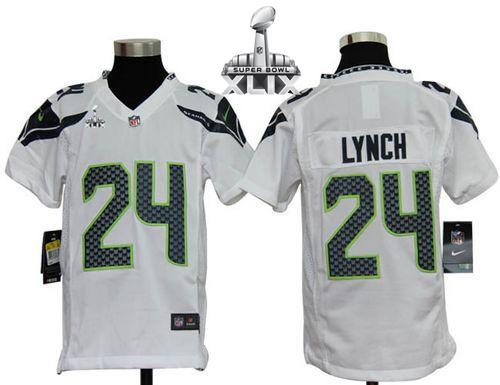  Seahawks #24 Marshawn Lynch White Super Bowl XLIX Youth Stitched NFL Elite Jersey