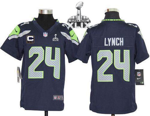 Seahawks #24 Marshawn Lynch Steel Blue With C Patch Super Bowl XLIX Youth Stitched NFL Elite Jersey