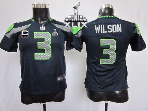  Seahawks #3 Russell Wilson Steel Blue Team Color With C Patch Super Bowl XLIX Youth Stitched NFL Elite Jersey