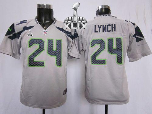  Seahawks #24 Marshawn Lynch Grey Alternate Super Bowl XLIX Youth Stitched NFL Elite Jersey