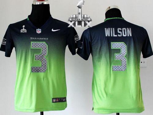  Seahawks #3 Russell Wilson Steel Blue/Green Super Bowl XLIX Youth Stitched NFL Elite Fadeaway Fashion Jersey